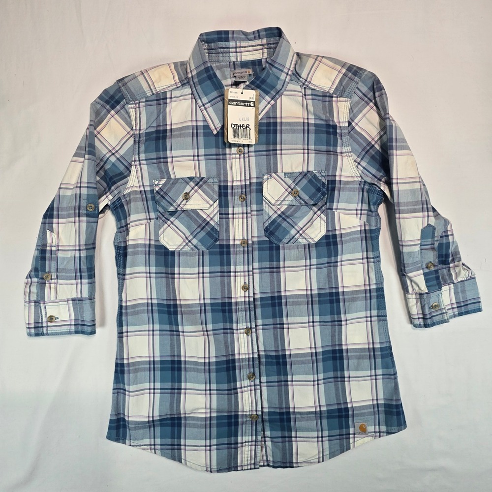 Carhartt Womens Plaid Button Down Shirt Blue White Purple 3/4 Roll Tab Sleeve S